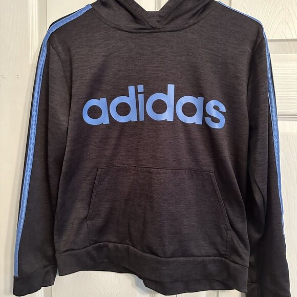Adidas Boys Kids Black/Gray Blue Logo Pullover Hoodie Size Large 14/16 Athletic - Picture 3 of 9